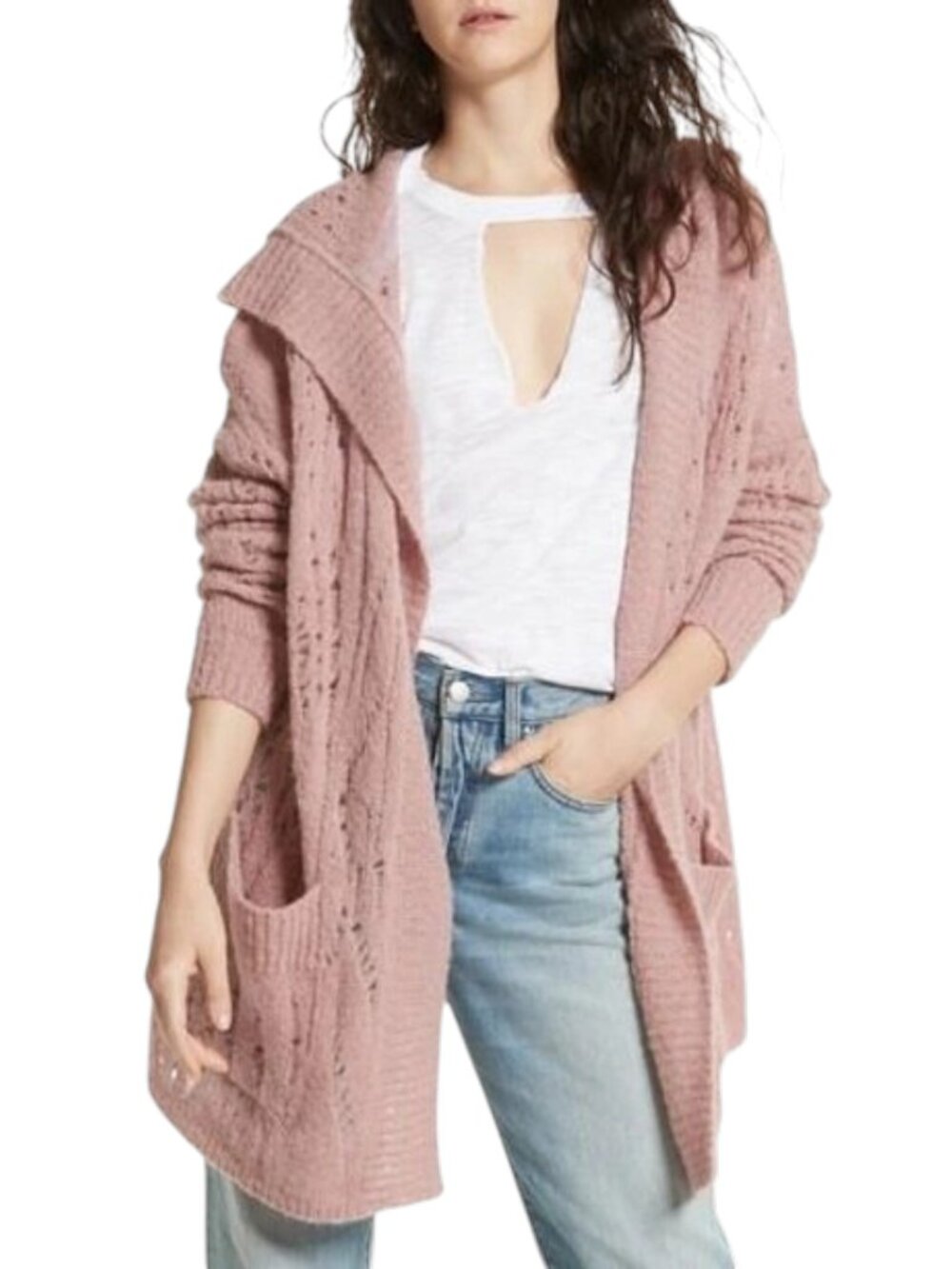 Free People Lemon Drop Hooded Open Front Oversized Pointelle Cardigan Sweater L